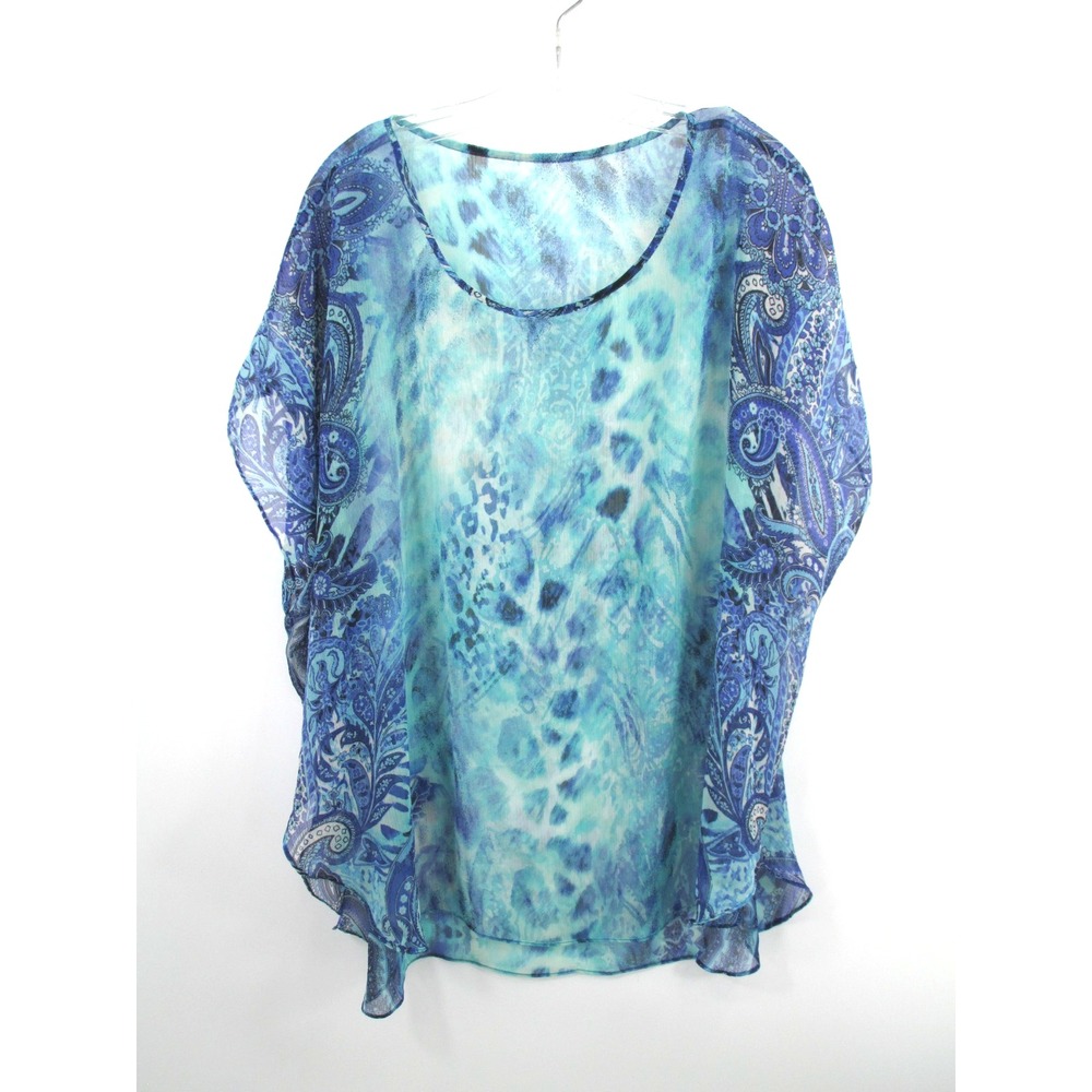 Blue Paisley Mosaic Animal Print Sheer Kaftan Blouse Tunic Cover-Up Large
